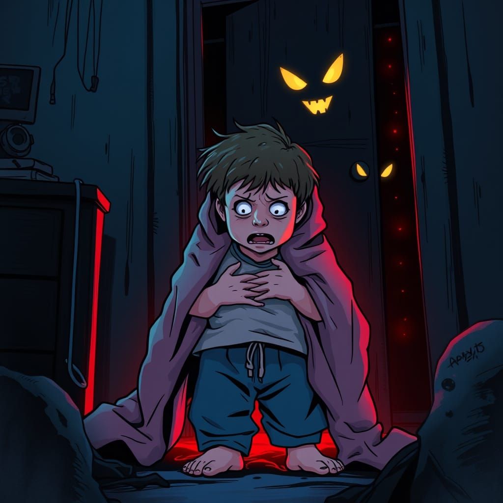 Child Hiding From Closet Monster in Cartoon Horror Style
