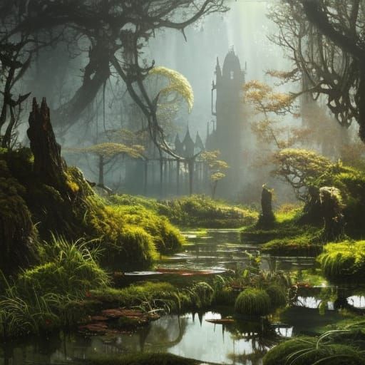 High Gothic Victorian Bog Garden in Sunlight