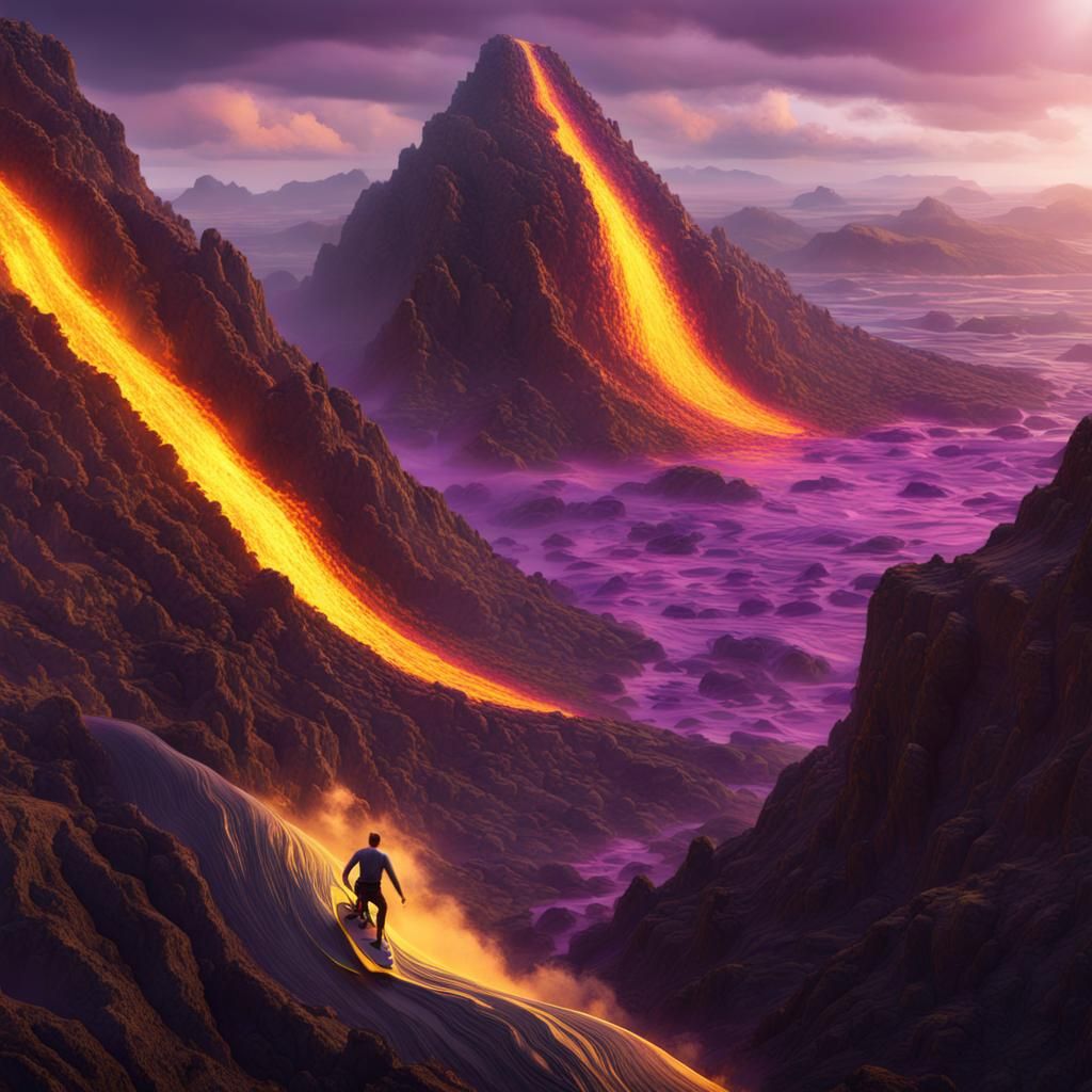 Surfer Rides Lava Mountain: Fantasy Concept Art