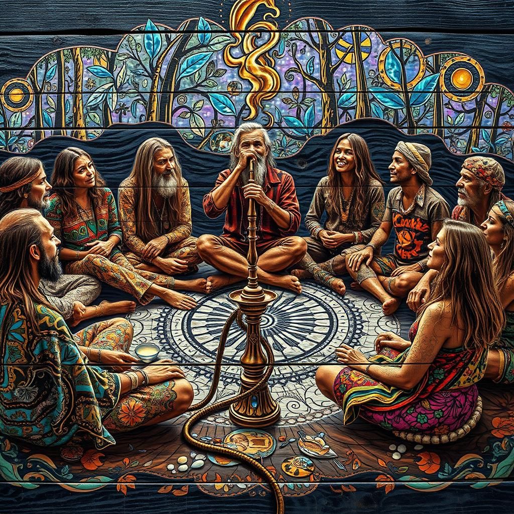 Psychedelic Hookah Gathering in Dreamlike Forest