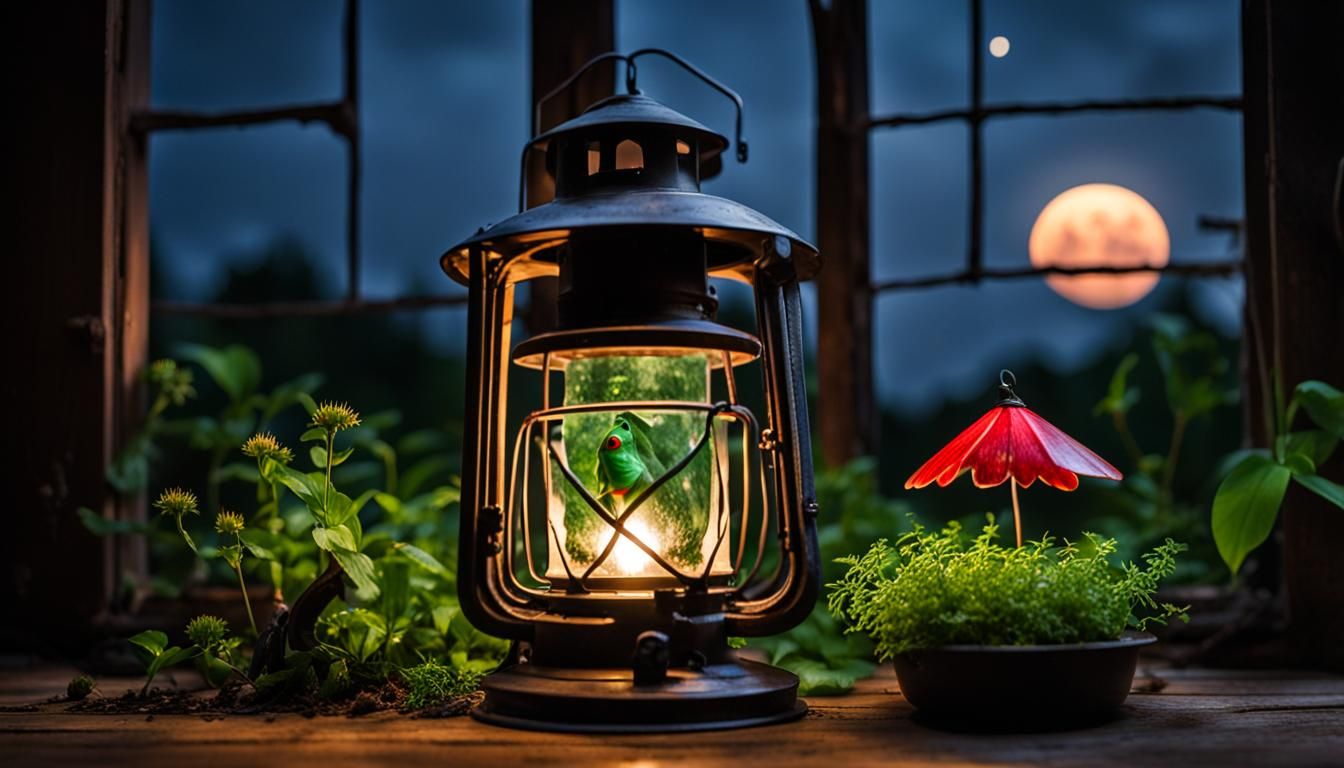 Lantern, Frog, and Moths at Night: Canon Lens Photography