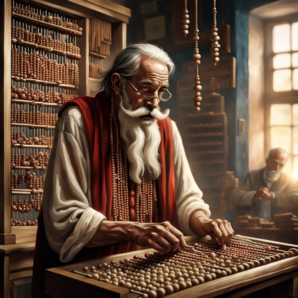 Ancient Man Using Abacus in Detailed Pharmacy