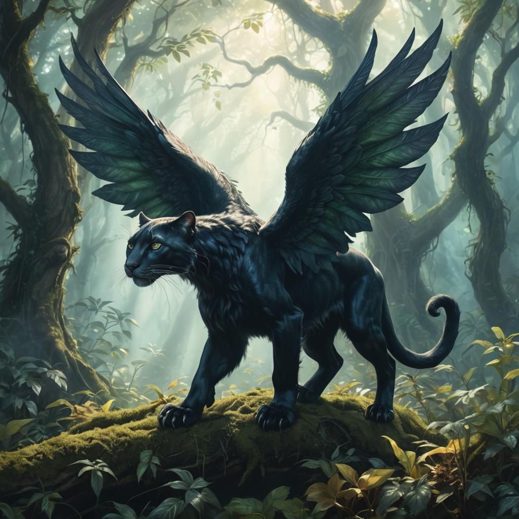 Winged Panther in Forest, Brian Froud Style