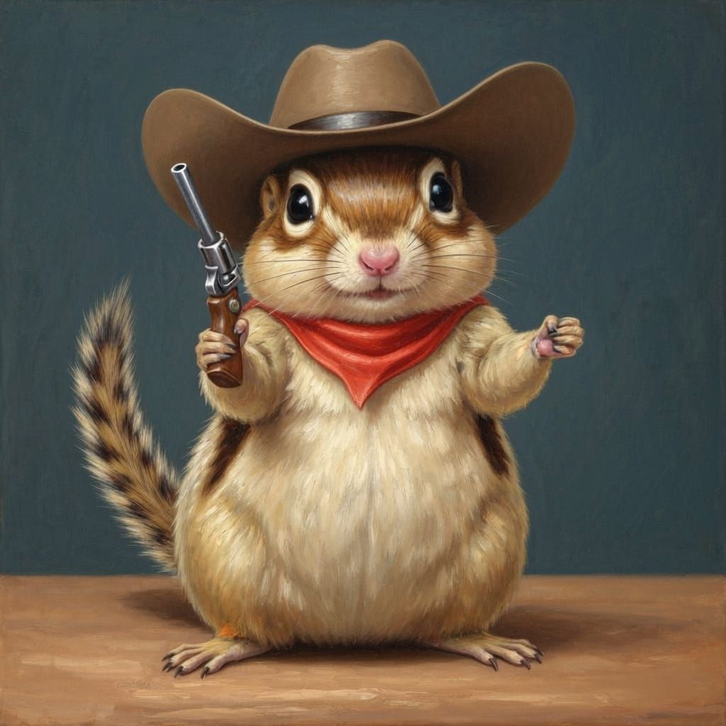 Chipmunk Cowboy with Pistol in Oil Painting Style