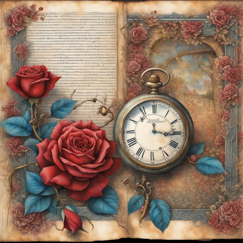 Roses, Watch and River on Musical Journal Page