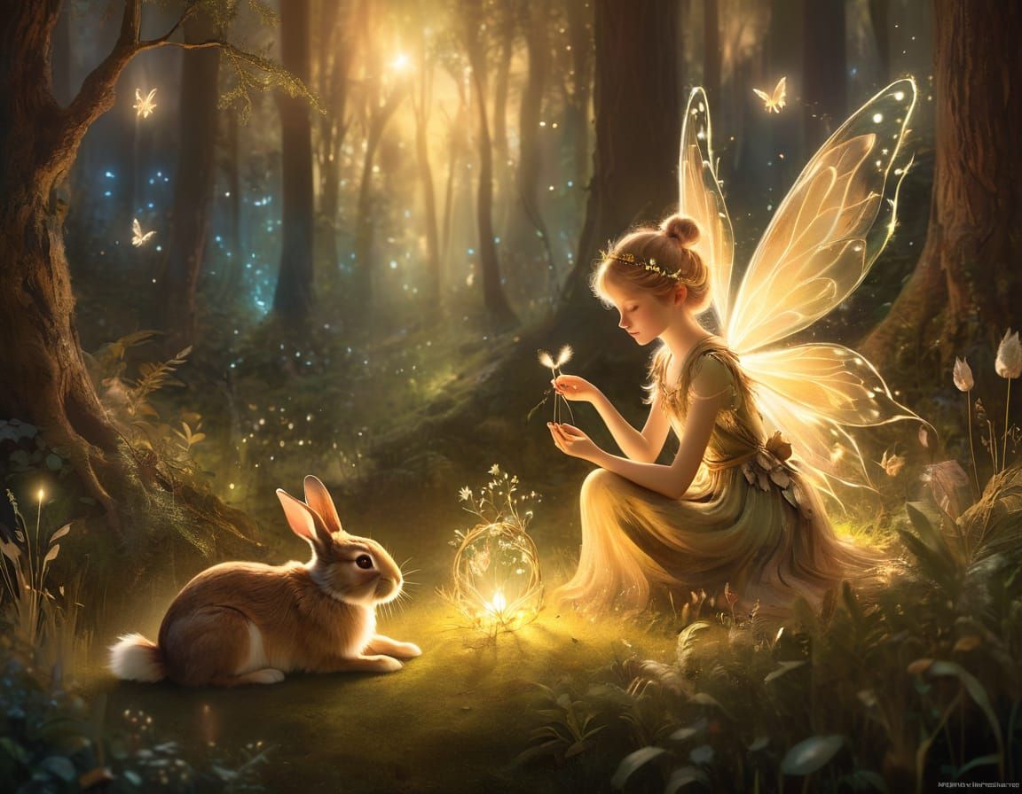 Fairy Tending Rabbit in Forest Glade