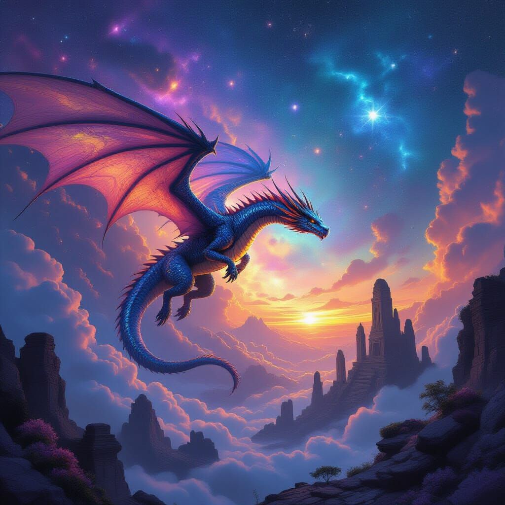 Dragon Soaring Through Nebula in Hyperrealistic Style
