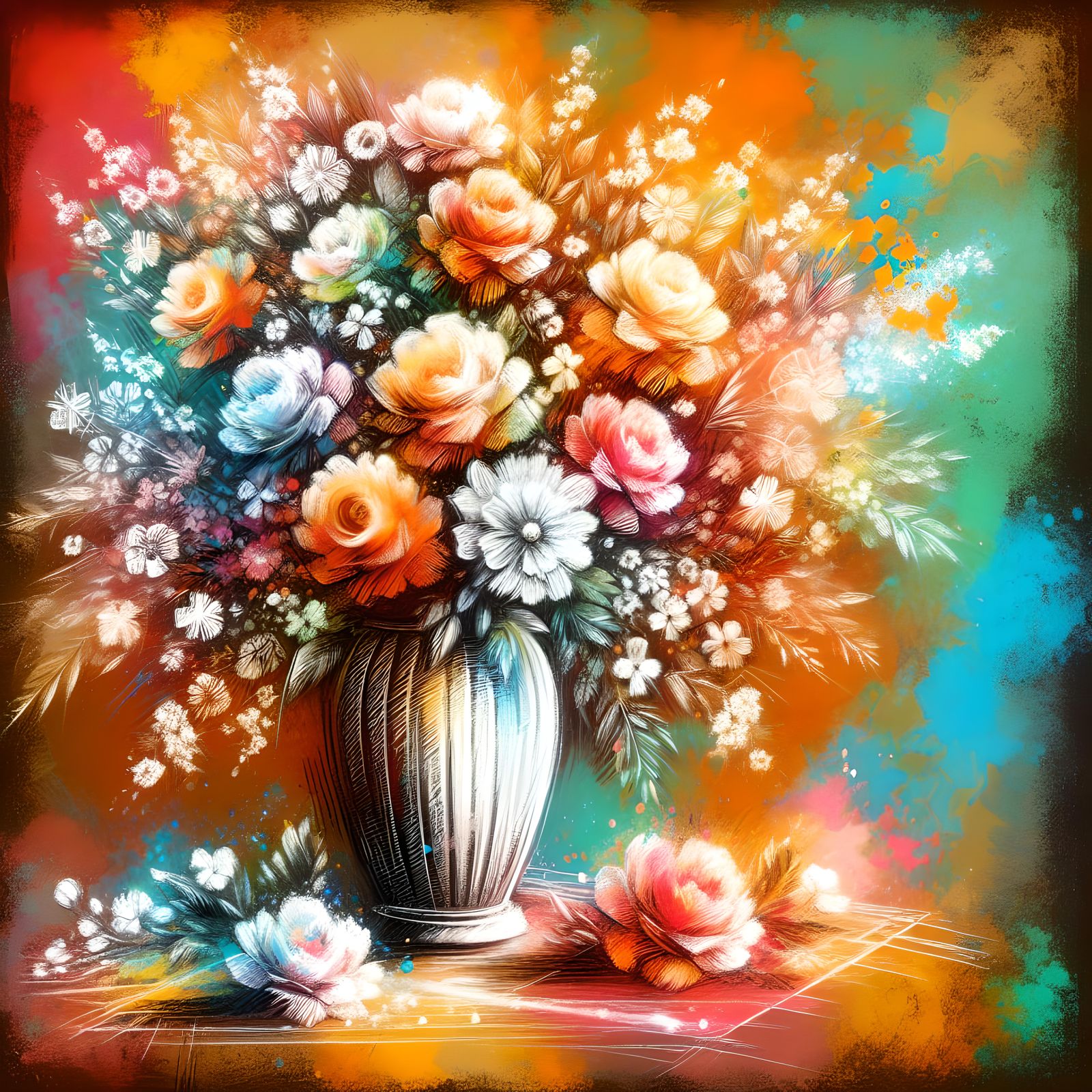 Floral Chalk Outline in Watercolor Splash Art