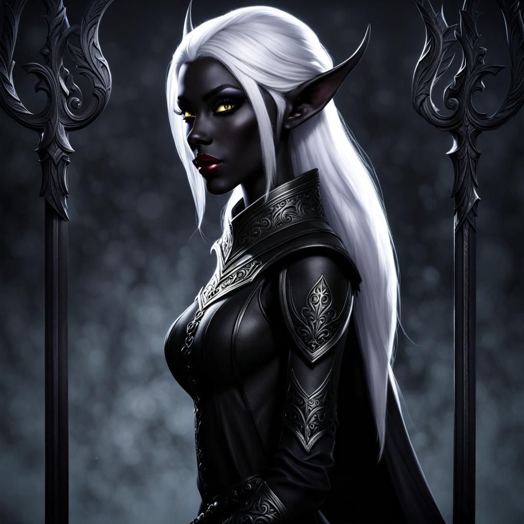 Female Christmas drow elf with skin of a matte black so dark it seems to be a shadow of itself.