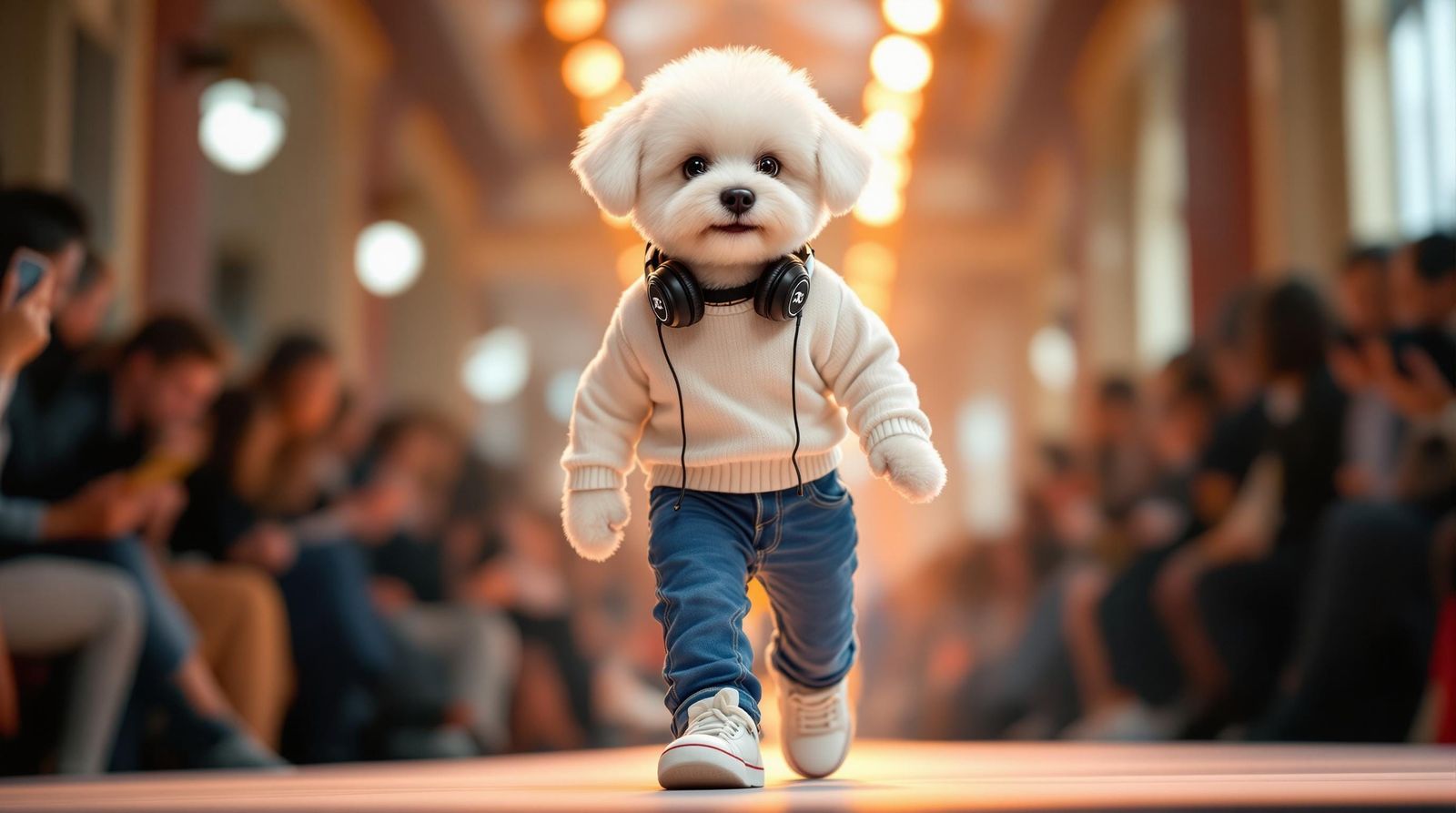 Fashionable White Bichon Puppy Struts Down the Catwalk in St...