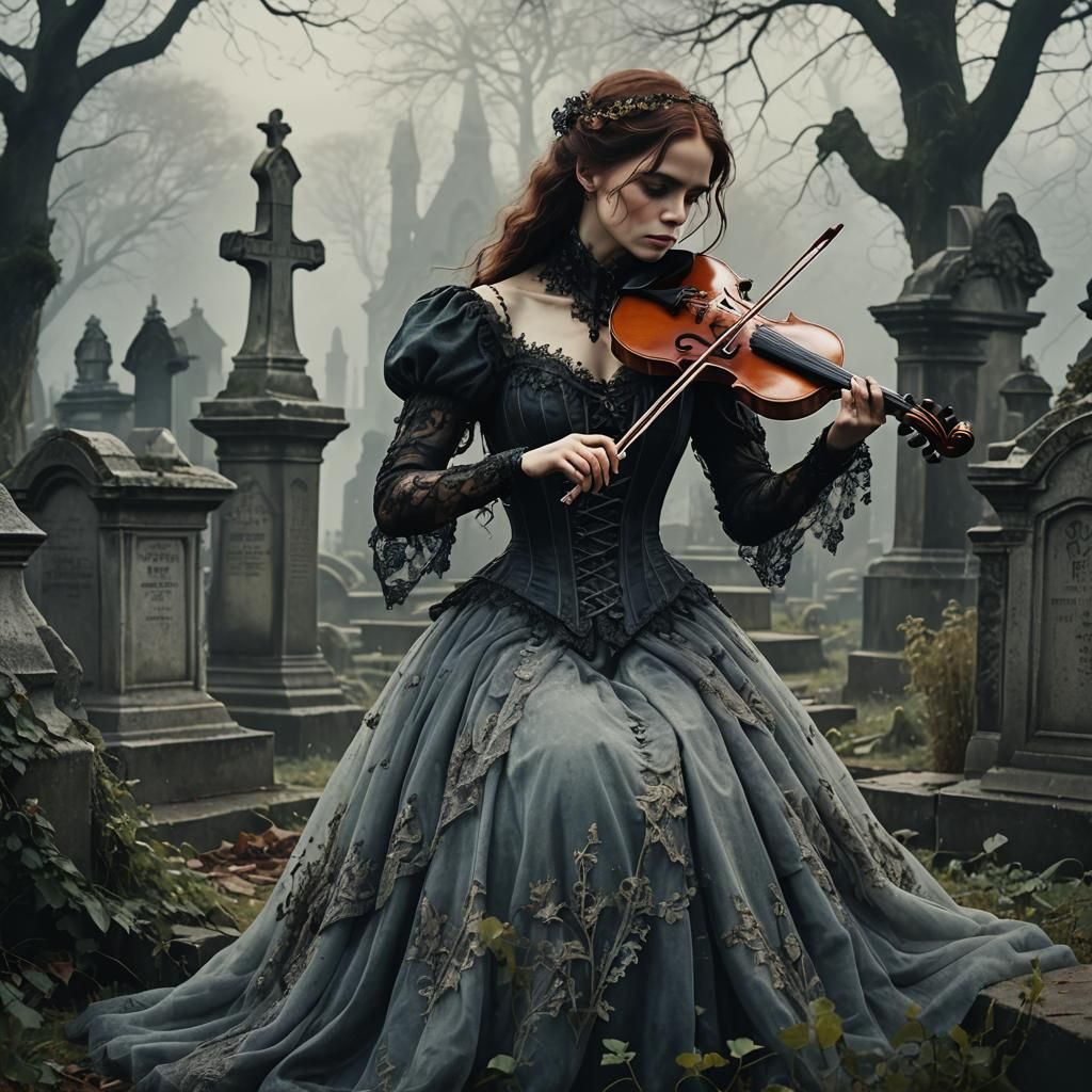 Victorian Gothic Woman Violinist in Cemetery