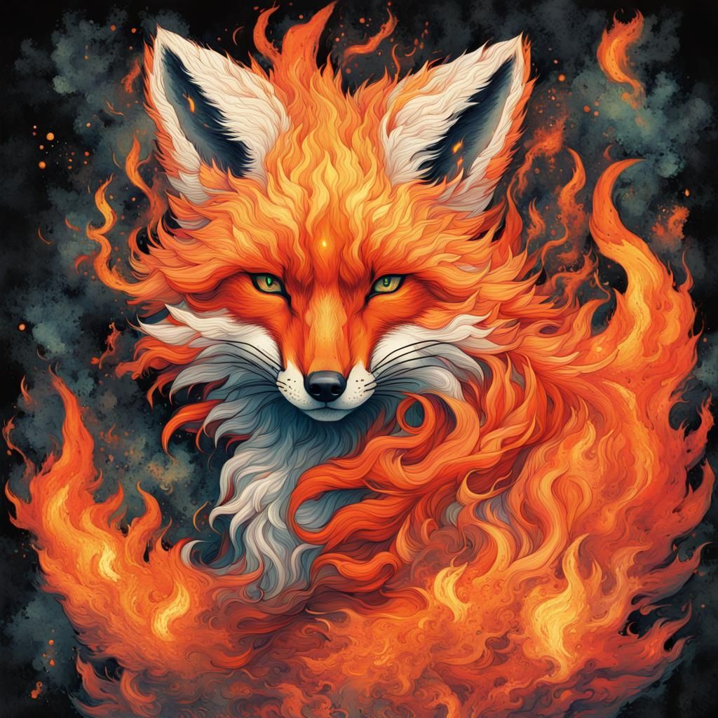Fantasy Fire Fox Portrait in Hypermaximalist Style