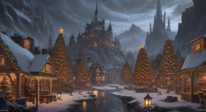 Detailed Christmas Village Matte Painting in Deep Color