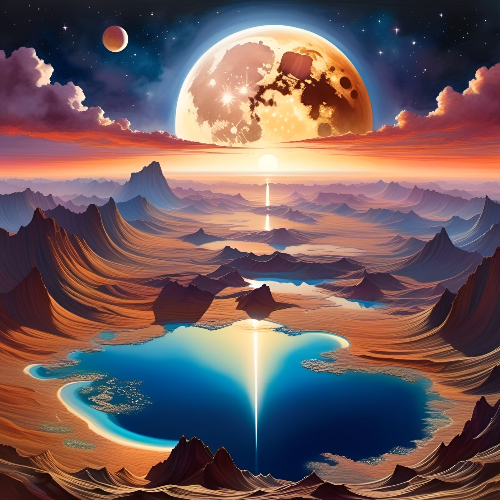 Watercolor Moonscape: Earthrise at Golden Hour