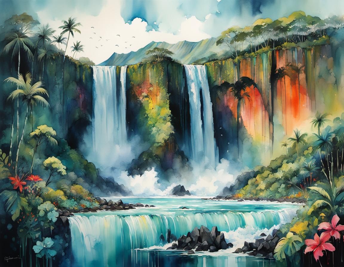 Magical Hawaiian Waterfall Illustration with Cubist Details