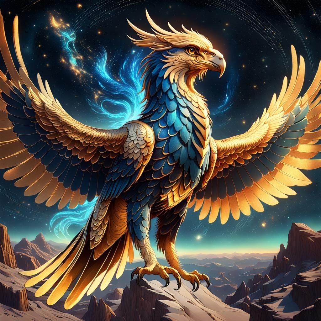 The Celestial Gryphon Phoenix: A majestic creature standing in a shimmering celestial realm, with a blend of gryphon and...