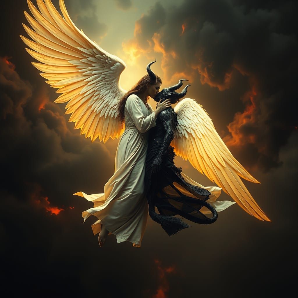 Angelic Demon Kiss in Dreamlike Biomechanical Style