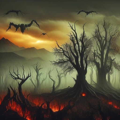 Gothic Horror Landscape Under Blood-Red Sky