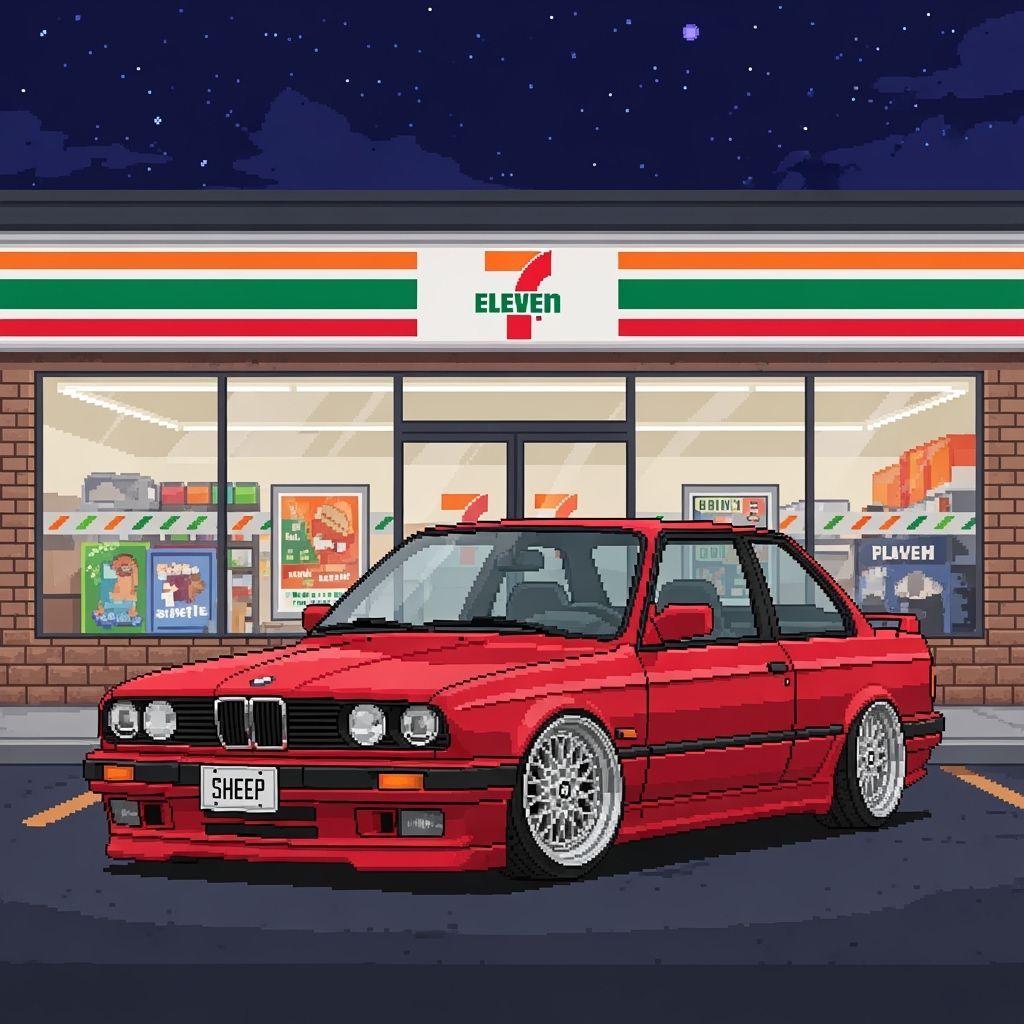 Red BMW E30 at 7-Eleven in Pixel Art