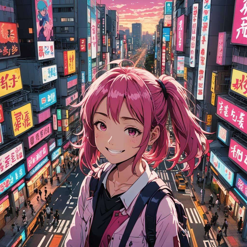 Anime Girl in Tokyo Street: Vibrant Studio Trigger Style