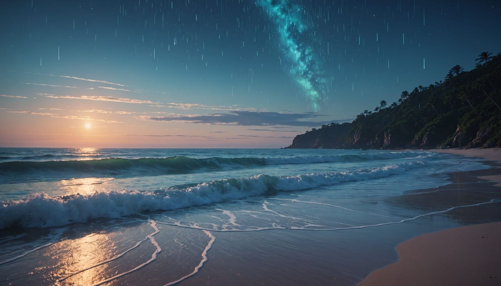 Bioluminescent Waves on Shoreline in Ethereal Style