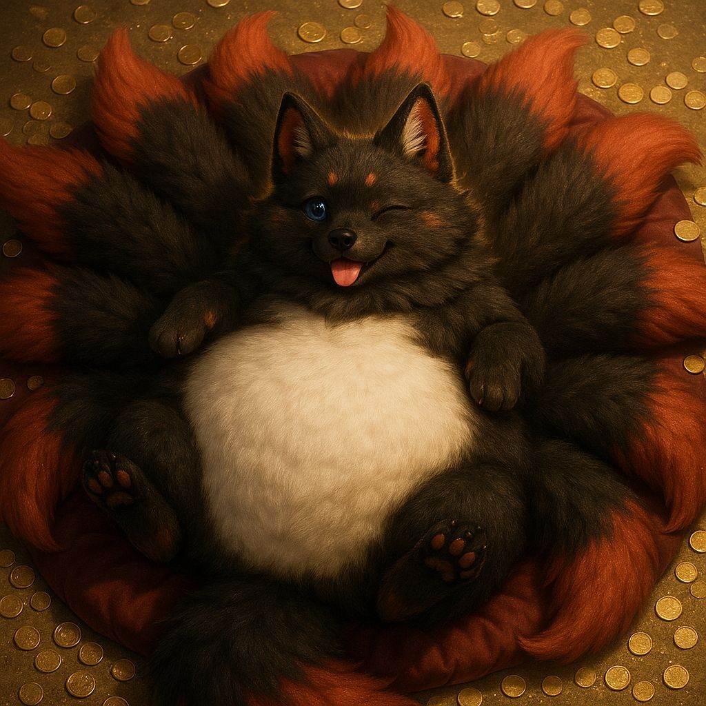 Chubby Twelve-Tailed Kitsune on Velvet Pillow