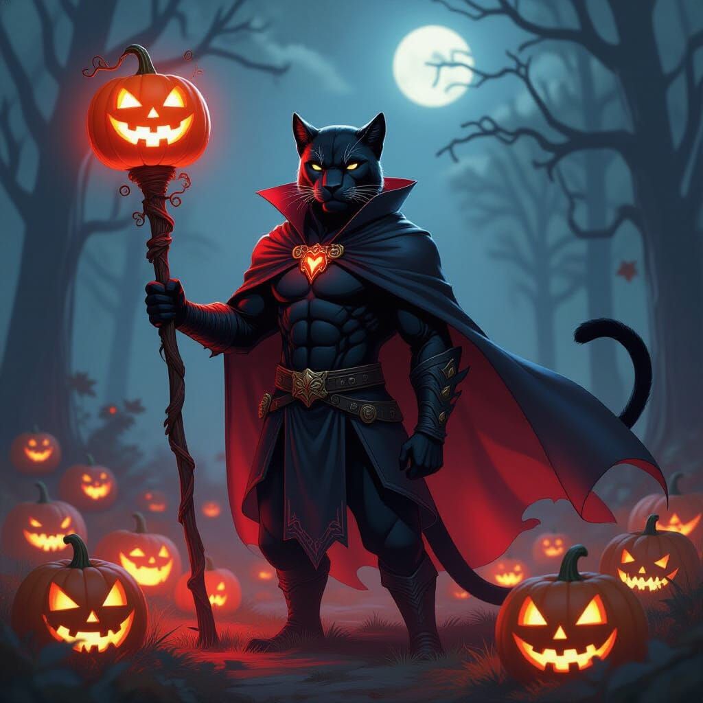 Black Panther King with Pumpkin Staff in Glowing Jack-o'-Lan...