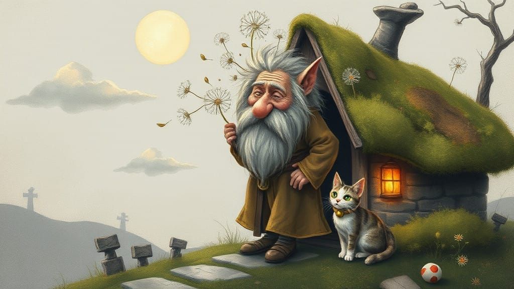 Whimsical Dwarf Enters Enchanted Moss-Covered Cottage