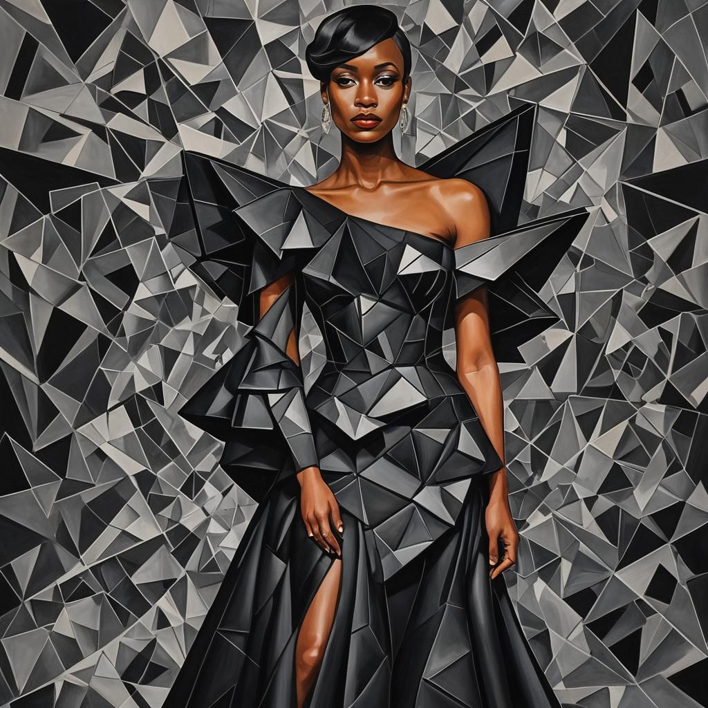 Black on black cubism evening gown ,geometry wings , black l...