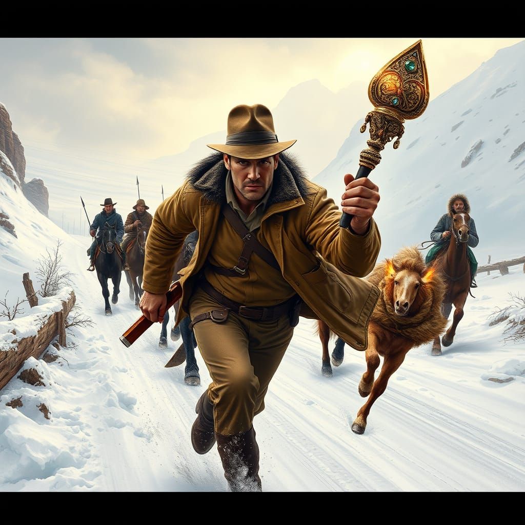 Indiana Jones in High-Speed Pursuit Down a Snowy Winter Road