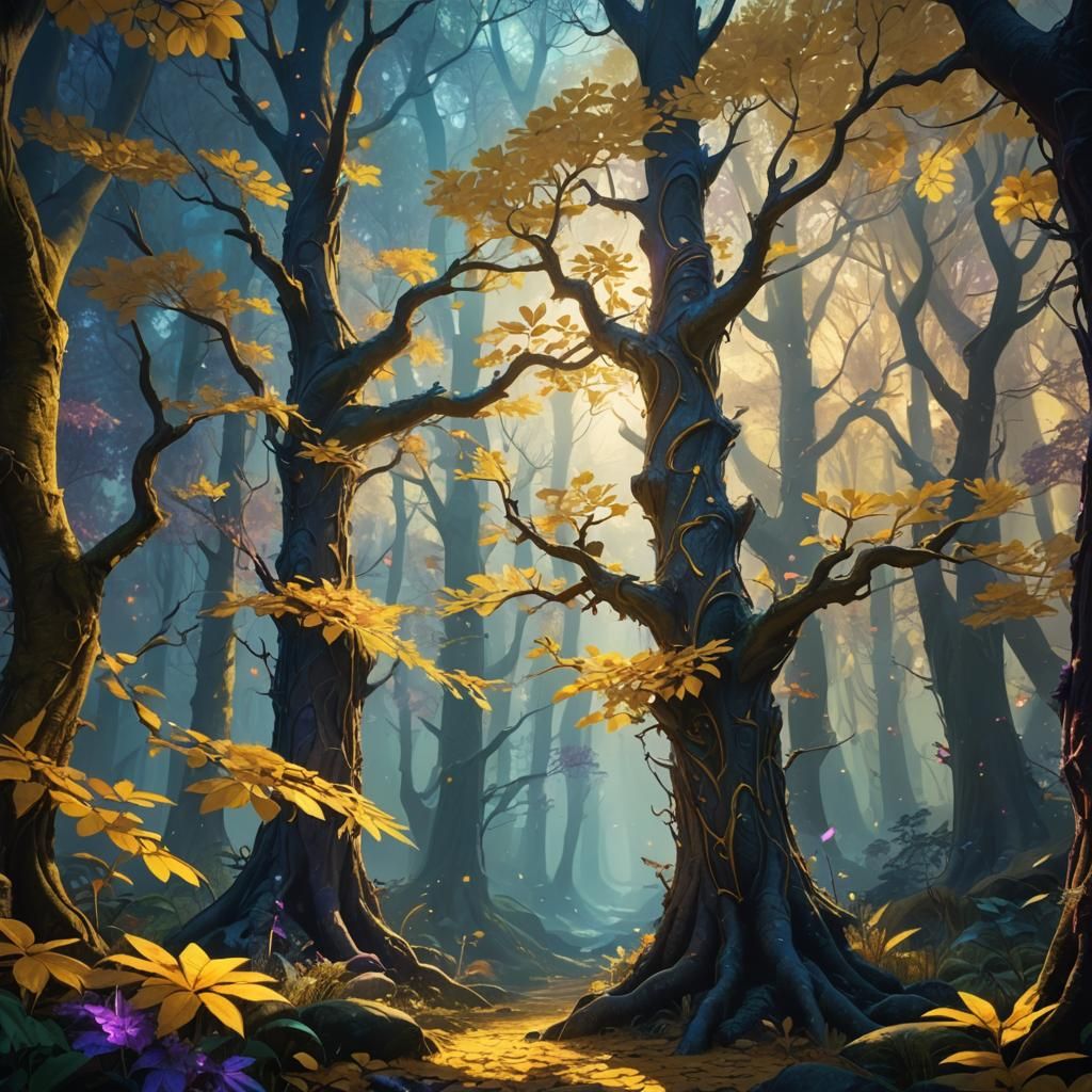 Mystical Forest: Two Yellow Trees in Fantasy Art