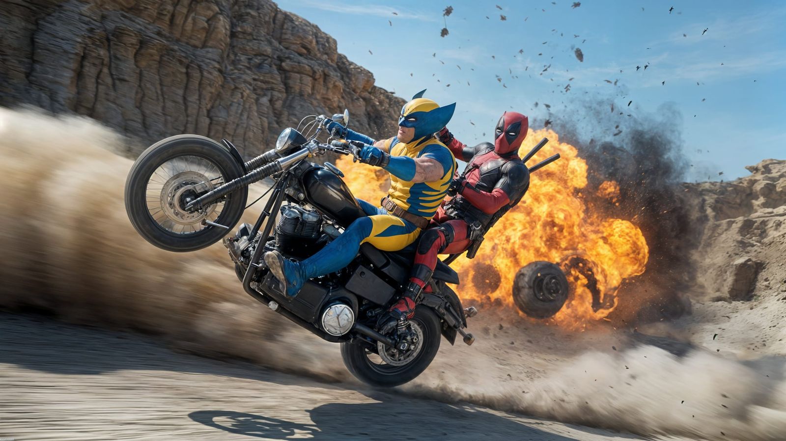 Wolverine and Deadpool Motorcycle Cliff Escape
