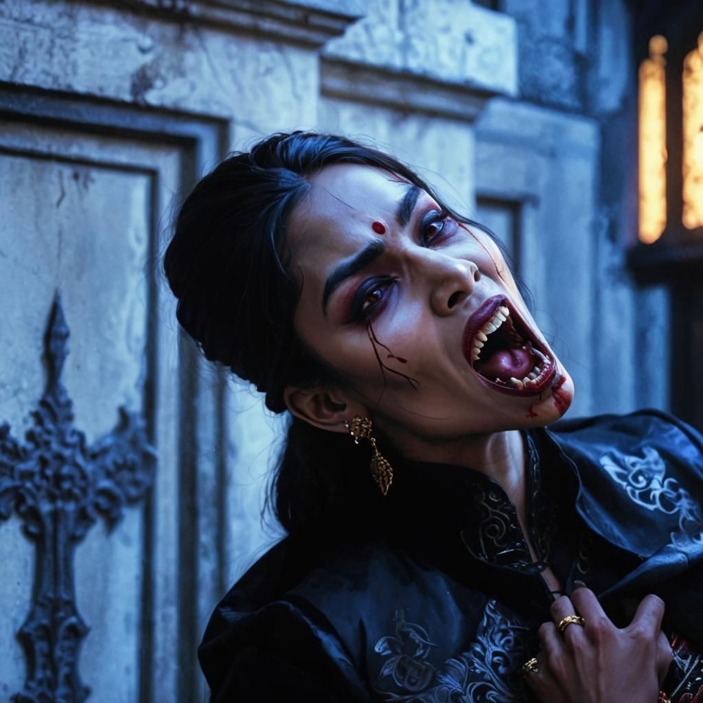 Indian Vampire Woman Hissing: Dark Fantasy Illustration