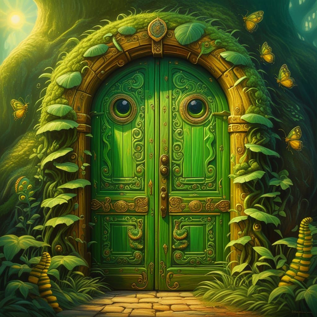 Ancient Door on a Living Caterpillar in Oil Paint