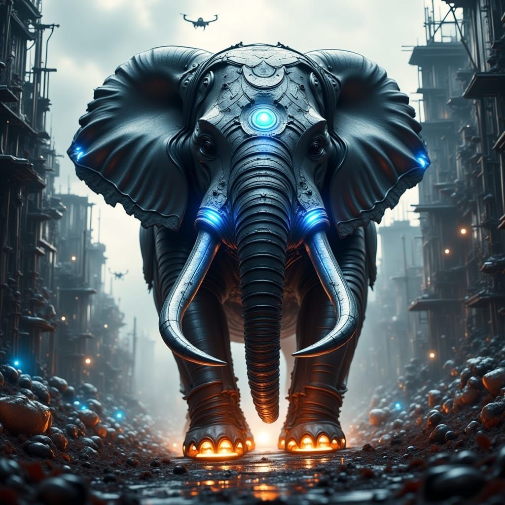 Cyber-Elephant Stomps Through Ruined Metropolis in Hyperreal...
