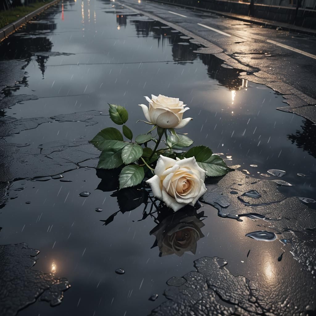 White Rose on Rainy Road: Detailed Matte Painting