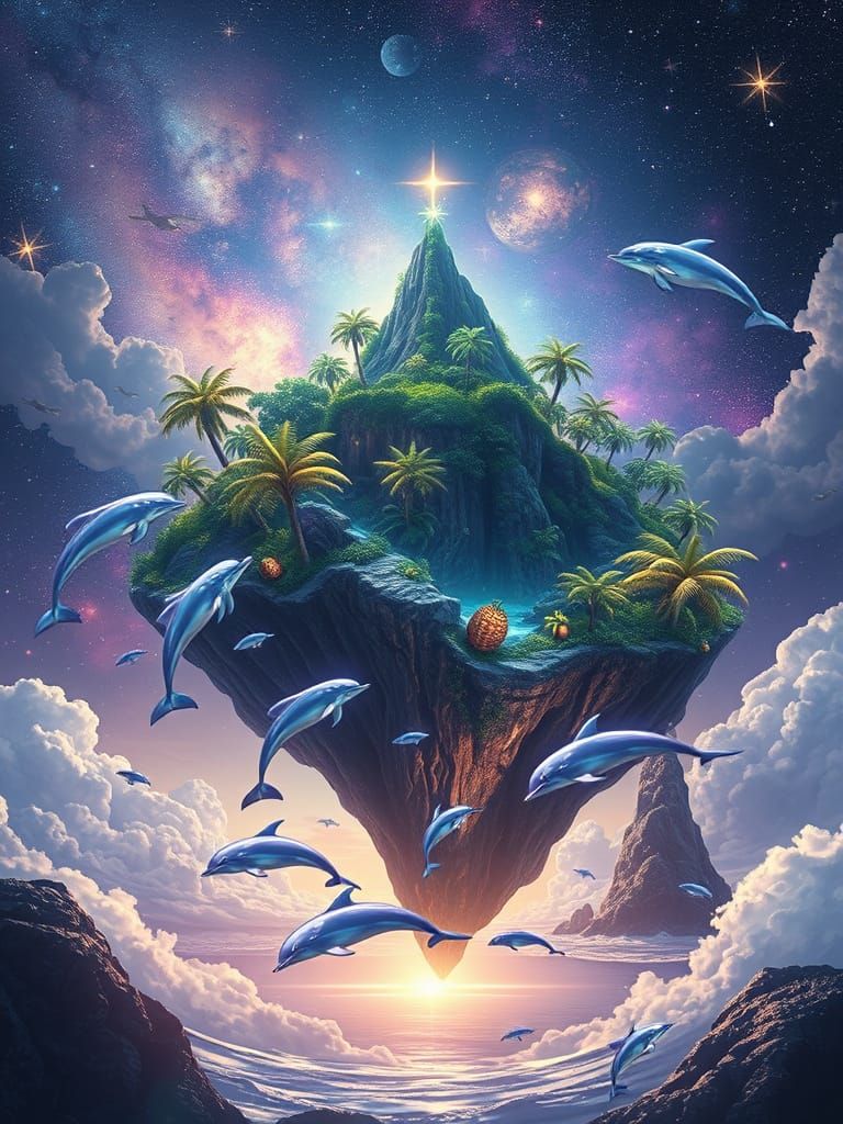 Floating Cosmic Isle in Vibrant, Bioluminescent Paradise