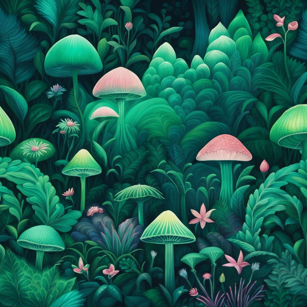 Emerald Fairyland: Luminous Flora in Verdant Forest