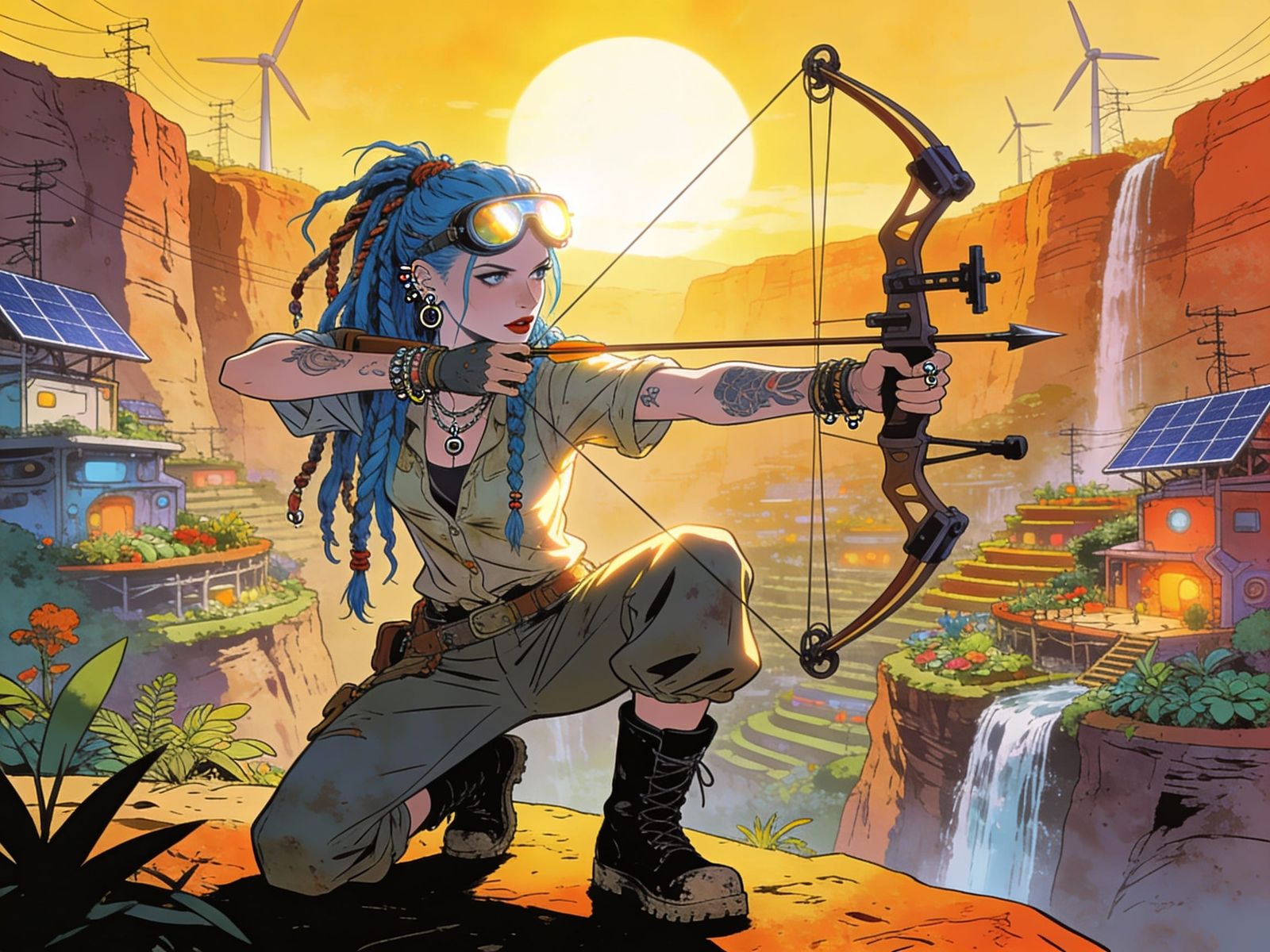 Solarpunk Warrior Woman in Franco-Belgian Comic Style