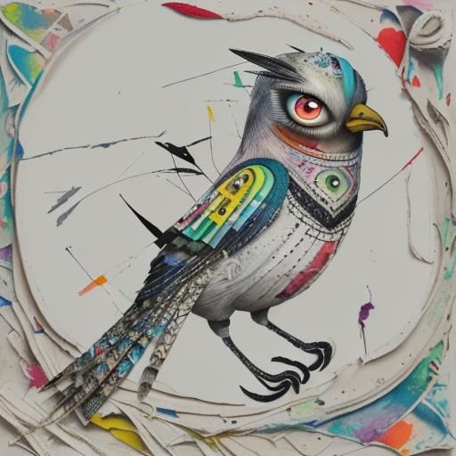 Abstract Bird Portrait in Mixed Media Collage