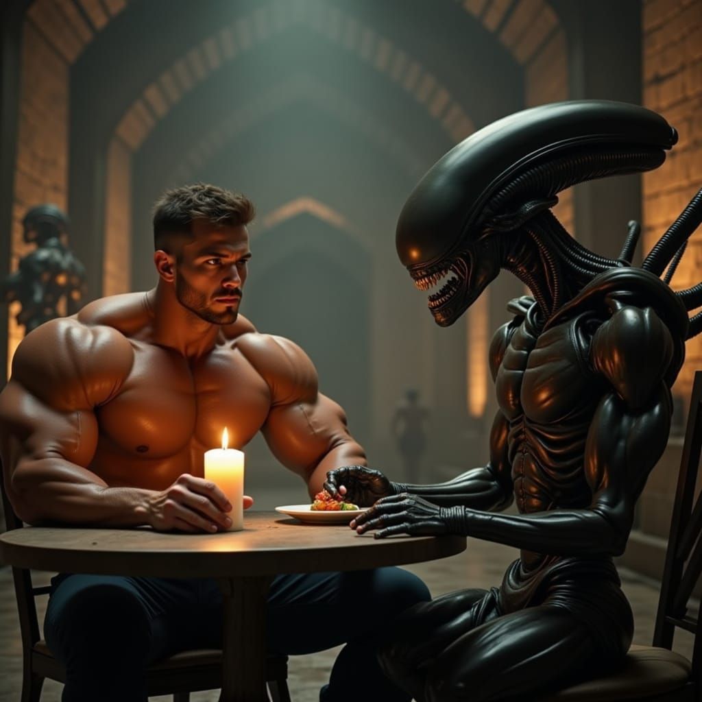 Chiseled Man in Forbidden Love with Alien in Gothic Futurist...
