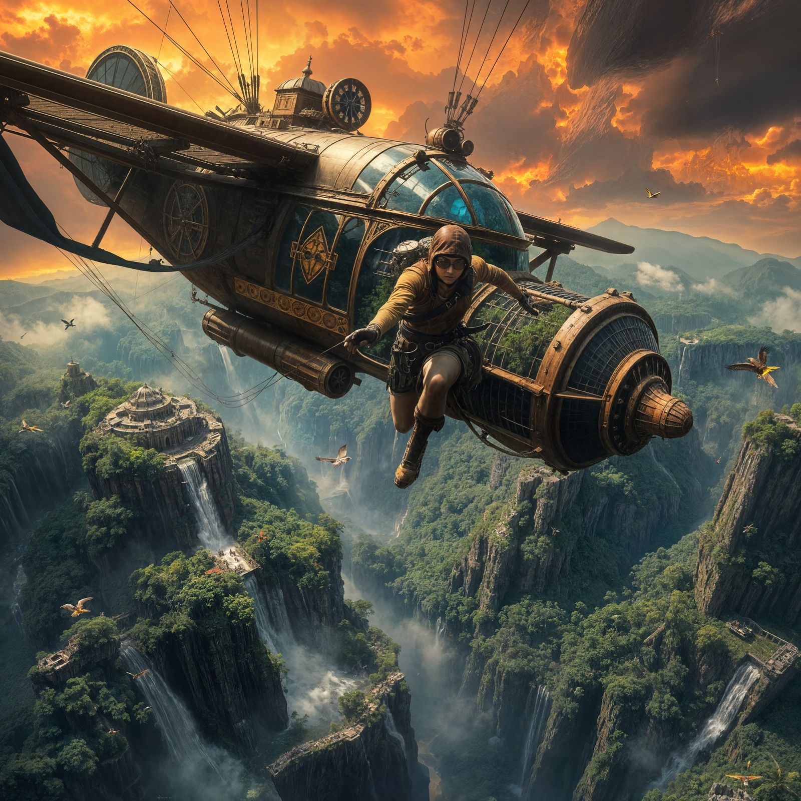 Steampunk Pilot Leaps from Majestic Flying Vessel
