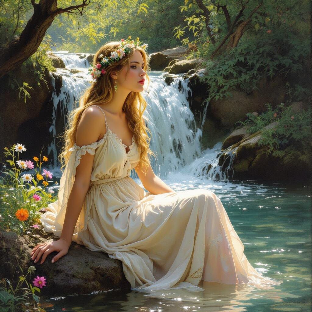 Woman with Flowers by Waterfall in Classical Style