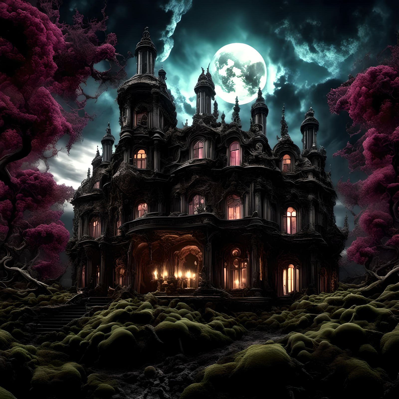 Black Stone Gothic Mansion in Dark Fantasy Realism