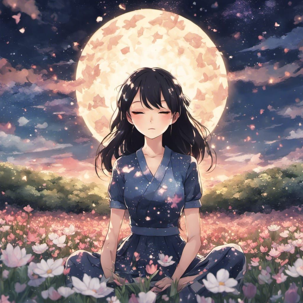 Woman Meditating in Flower Field, Anime Style