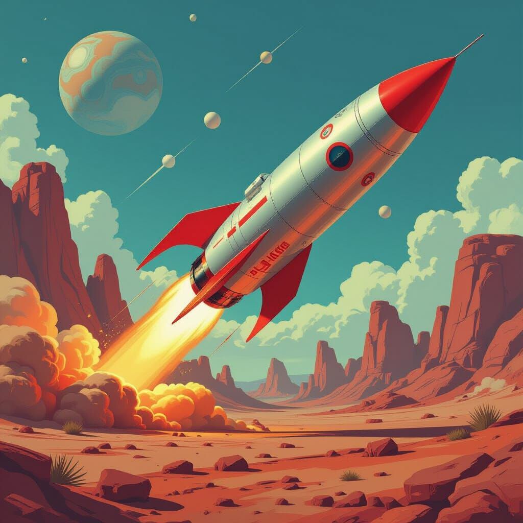 Retro-Futuristic Rocket Launch on Alien Planet