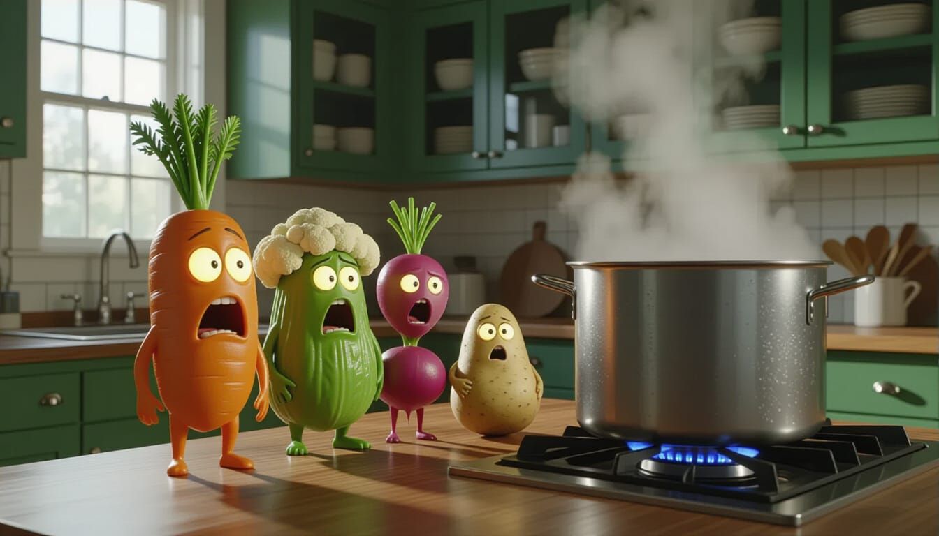 Terrified Vegetables Face Boiling Water in Cinematic Style