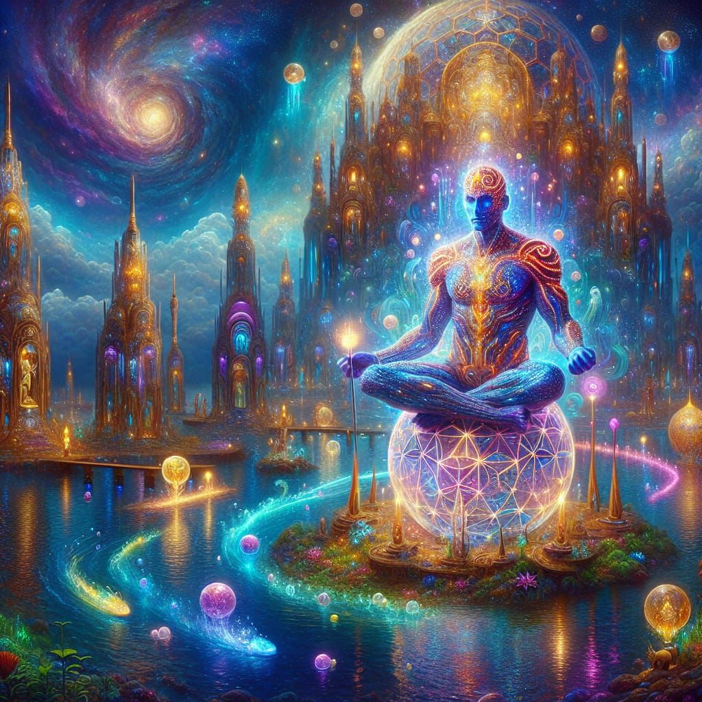 This image depicts divine beings in resplendent armor, surro...