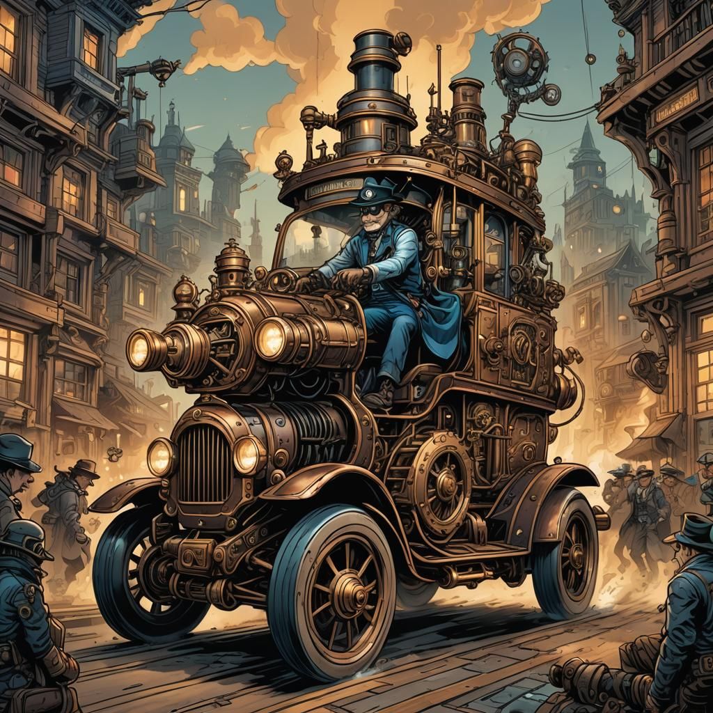Stitchpump Rides a Steampunk Auto: Comic Book Art