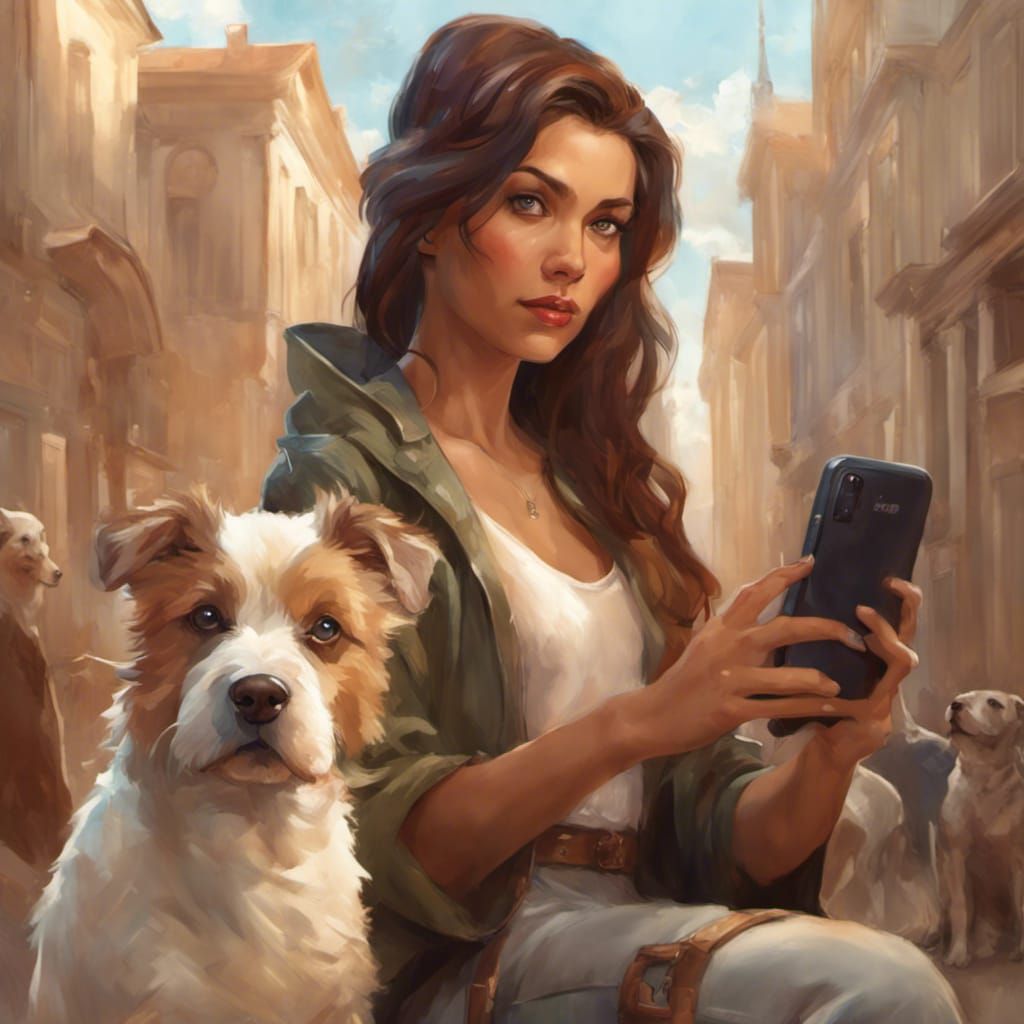 Beautiful woman kneeling down Taking a selfie with her dog standing at her shoulder holding the cell phone up detailed m...